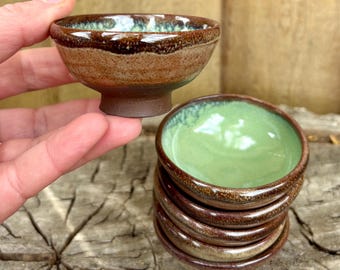 Handmade Green Brown Ramekins – Tiny Ceramic Bowls, Small Artisan Set