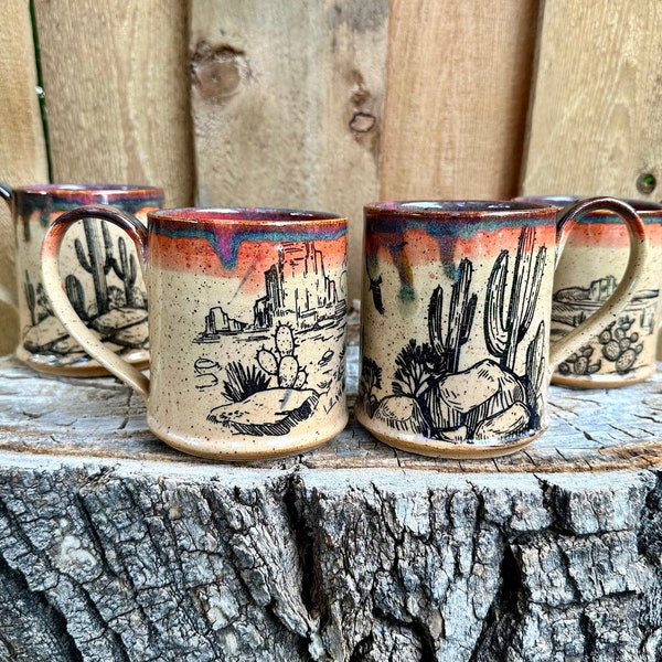 Desert Scene Cactus Mug | Pink/Orange with Desert Scene Cacti | Coffee and Tea | Unique Gift | Extra Drippy Glaze Mug | Desert Scene Gift
