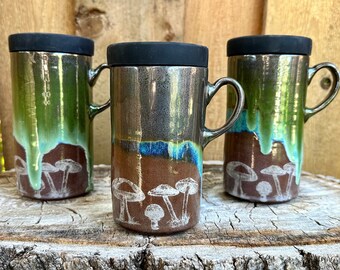 Green Mushroom Travel Mug | Dark Clay Mushroom Scene | To-Go Mug | Silicone Lids | Travel Mug w Mushrooms | Coffee & Tea Mug | Mushroom ToGo