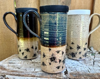 Bee Travel Mug | Iron Glazed Bee Scene | To-Go Mug | Silicone Lids | Travel Mug with Bees | Coffee Mug | Popular Travel Mug | Bee Lovers
