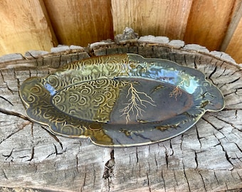 Handmade Ceramic Pottery Turquoise Blue Cloudy Lightning Oval Serving Plate - Unique Kitchen Decor & Tableware