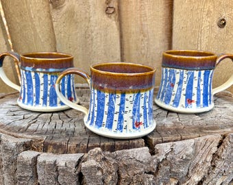 Handmade Ceramic Mug: Forest Print, Blue Glaze, Red Birds