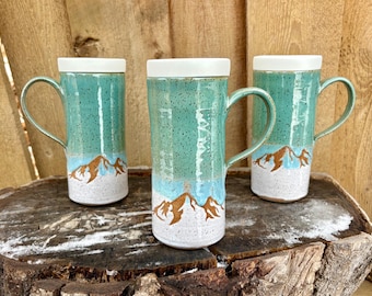 Handmade Turquoise and White Mountain Ceramic Travel Mug with Silicone Lid - Cup Holder Friendly