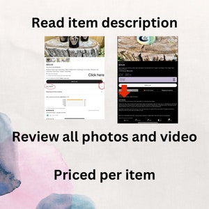 May include: A digital interface showing two Etsy product listing pages with text overlays that read Read item description, Review all photos and video, and Priced per item. The screens display product details, pricing, and navigation icons.