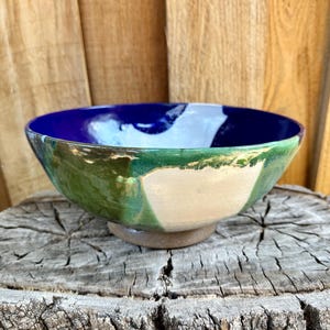 Handmade Wheel Thrown Pottery Serving Bowl - One of a Kind Blue Green White Glazed Medium Large Bowl