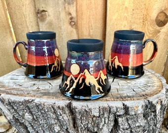 Sunset Full Moon Mountain Travel Mug | Handmade Mnt design | Pink Purple Full Moon Sunset Mnt Mug | Pottery handmade | Handmade Outdoor Mug