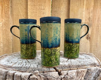 Handmade Green Prickly Pear Cactus Ceramic Travel Mug with Silicone Lid – Cup Holder Friendly