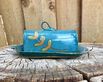 Unique Handmade Turquoise Plant Butter Dish | Artistic Ceramic Pottery for Your Kitchen