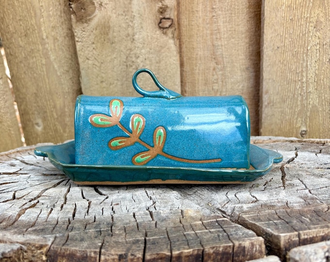 Featured listing image: Unique Handmade Turquoise Plant Butter Dish | Artistic Ceramic Pottery for Your Kitchen