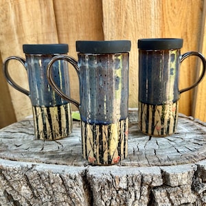 Handmade Ceramic Travel Mug: Forest & Bird Design with Silicone Lid