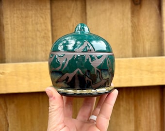 Handmade Turquoise Mountain Lidded Jar Pottery Ceramic - Unique Lidded Bathroom Kitchen Jari