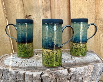 Handmade Green Prickly Pear Cactus Ceramic Travel Mug with Silicone Lid – Cup Holder Friendly