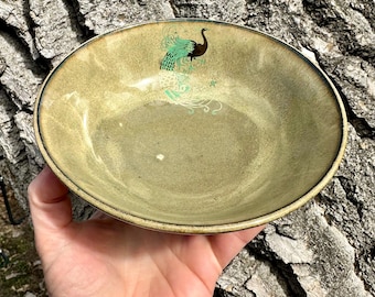 Peacock Green Gold and Cream Handmade Wheel Thrown Ceramic Bowl - Unique Pottery Decor for Kitchen or Dining Table