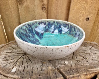 Handmade Pottery Serving Bowl: Blue Purple Green White Glazed Ceramic Bowl