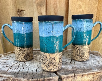 Handmade Peony Ceramic Travel Mug with Silicone Lid - Cup Holder Friendly
