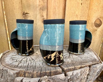 Mountain Pocket Pottery Travel Mug with Silicone Lid- Handmade Mnt Handwarming Blue Mug