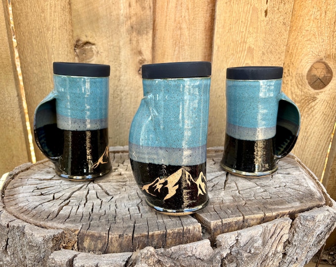 Featured listing image: Mountain Pocket Pottery Travel Mug with Silicone Lid- Handmade Mnt Handwarming Blue Mug