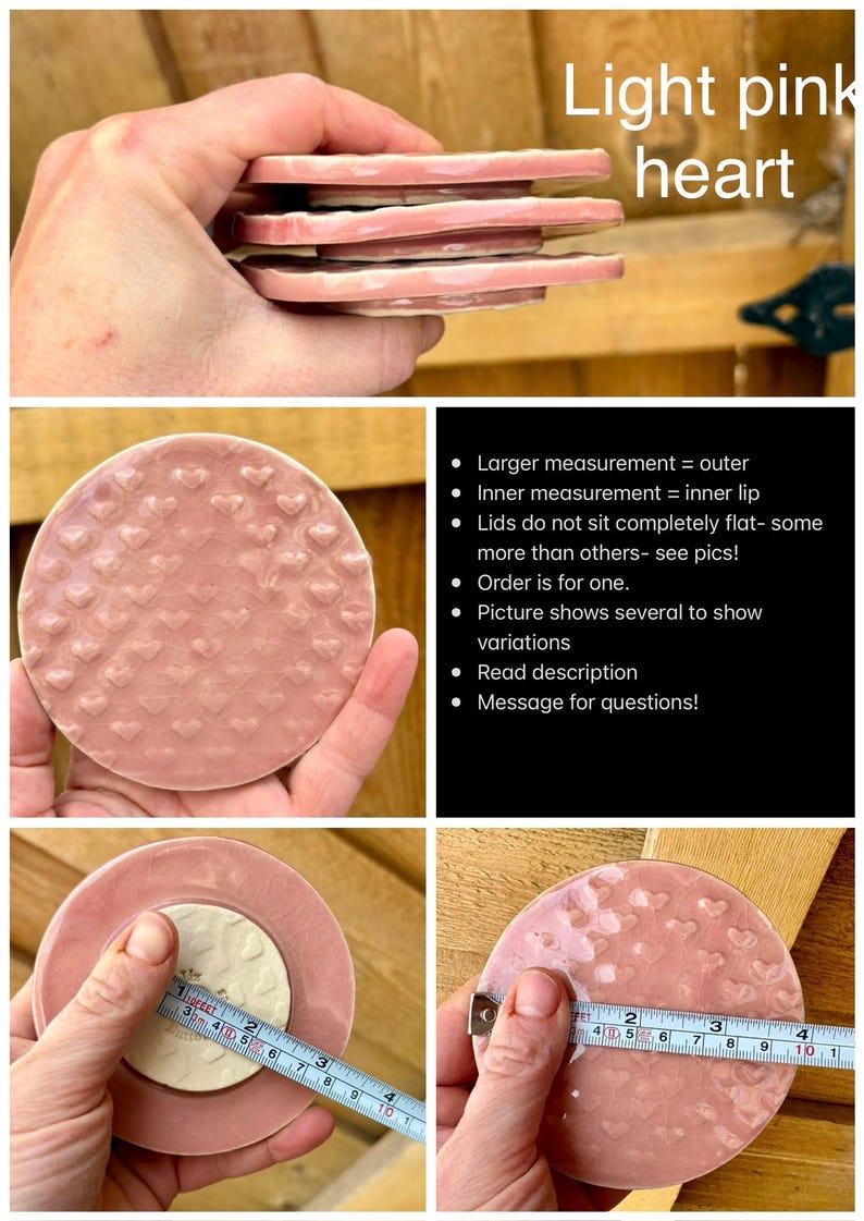 May include: A light pink ceramic lid featuring a textured heart pattern. The circular lid has an inner lip and measures approximately 3.5 inches in diameter as shown by a measuring tape. The surface has a glossy finish with a repeating heart design.