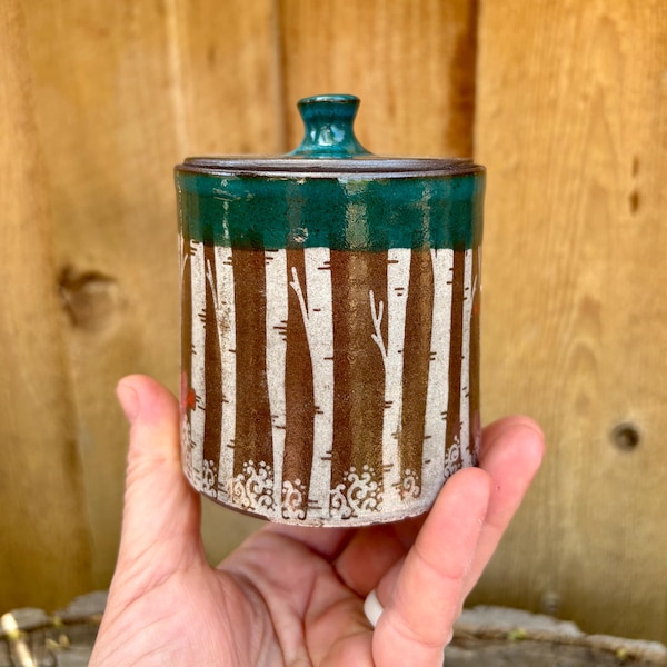 Handmade Chocolate Clay Lidded Forest Jar: Kitchen Bathroom Pottery Ceramic Jar