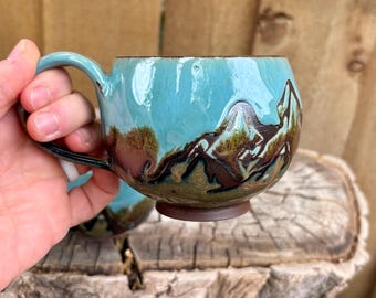 Handmade Turquoise Mountain Drippy Glaze Pottery Mug - Unique Dark Clay Mug