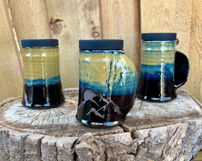 Featured listing image: Handmade Mountain Moon Pocket Pottery Travel Mug - Hand-warming Mug with Silicone Lid