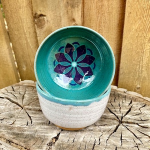 Boho Chic White and Turquoise Hand Painted Floral Bowl - Unique Home Decor Piece