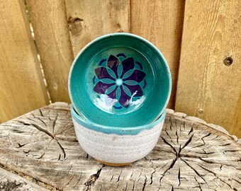 Boho Chic White and Turquoise Hand Painted Floral Bowl - Unique Home Decor Piece