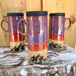 Sunset Mnt Travel Mug Mountain Travel Mug with Silicone Lid Purple and Pink Sunrise Sunset Mountain Travel Mug Handmade Wheelthrown image 1