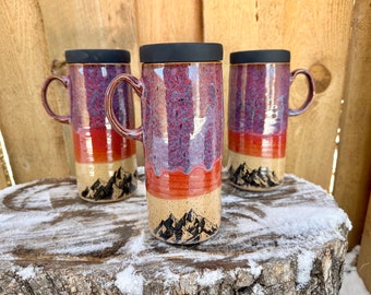 Sunset Mnt Travel Mug | Mountain Travel Mug with Silicone Lid | Purple and Pink Sunrise Sunset Mountain Travel Mug | Handmade Wheelthrown