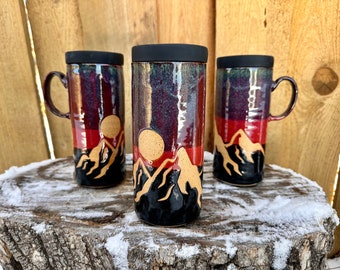 Sunset Moon Mountain Travel Mug | Sunset Glazed Mountain Scene | To-Go Mug | Mug Silicone Lids | Travel Mug w Mountains | Popular Travel Mug