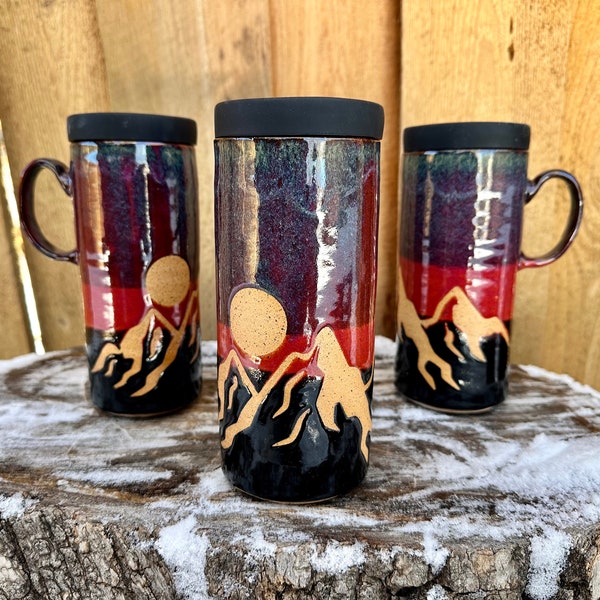 Sunset Moon Mountain Travel Mug | Sunset Glazed Mountain Scene | To-Go Mug | Mug Silicone Lids | Travel Mug w Mountains | Popular Travel Mug