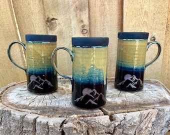 Handmade Mountain Full Moon Travel Mug – Red Stoneware, Silicone Lid