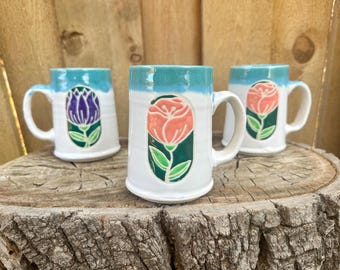 Handmade Porcelain Tulip Floral Pottery Mug - Unique Ceramic Coffee Cup for Flower Lovers