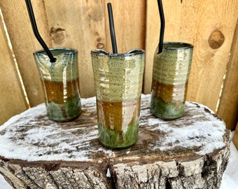 Layered Green Straw Cup | Silicone Straw Iced Coffee Travel Cup | To-Go Mug | Handmade Pottery Cup With Straw | Unique Pottery Travel Cup