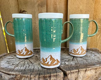 Handmade Turquoise and White Mountain Ceramic Travel Mug with Silicone Lid - Cup Holder Friendly