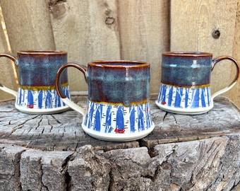 Handmade Ceramic Mug: Forest Print, Blue Glaze, Red Birds