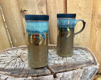Gold Moon Phase Travel Mug | Wheel-Thrown Ceramic Coffee Mug with Silicone Lid
