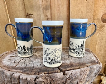 Handmade Winter Cabin Ceramic Travel Mug with Silicone Lid