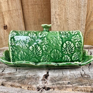 Handmade Green Monstera Ceramic Porcelain Pottery Butter Dish - Perfect for Home & Entertaining - DISCOUNTED SECONDS