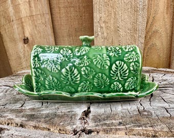 Handmade Green Monstera Ceramic Porcelain Pottery Butter Dish - Perfect for Home & Entertaining - DISCOUNTED SECONDS