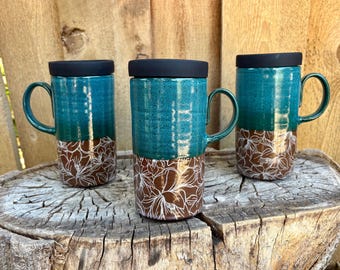 Handmade Magnolia Pottery Travel Mug with Silicone Lid - Teal and Floral Mug