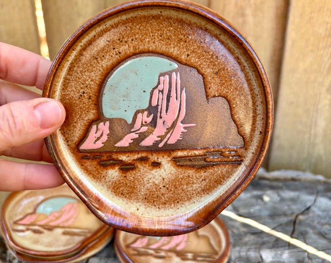 Featured listing image: Handmade Hand Painted Desert Plateau Moon Large Spoon Rest - Unique Kitchen Decor