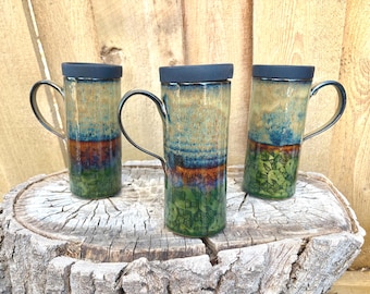 Handmade Green Prickly Pear Cactus Ceramic Travel Mug with Silicone Lid – Cup Holder Friendly