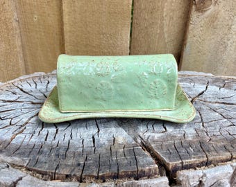 Handmade Light Green Monstera Lidded Butter Dish - Textured Unique Butter Tray