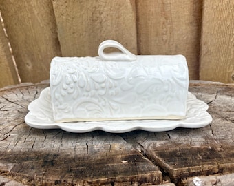 White Handmade Ceramic Butter Dish - Filigree Textured Serving Dish