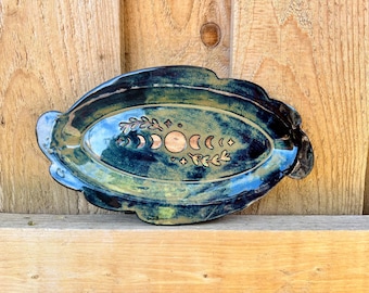 Handmade Ceramic Pottery Full Moon Phase Oval Serving Plate - Unique Kitchen Decor & Tableware