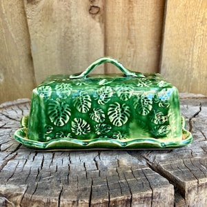 Handmade Ceramic Green Monstera Leaf UK Irish Block Butter Dish | Unique Ceramic Design