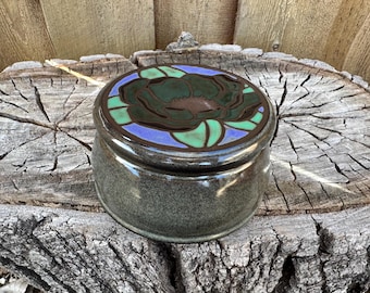 Handmade Hand Painted Blue Magnolia Pottery French Butter Crock - Unique Home Decor