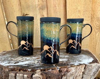 Handmade Mountain Full Moon Travel Mug – Cup Holder Friendly with Silicone Lid