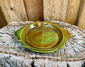 Handmade Textured Ceramic Porcelain Plate in Green and Brown – Unique Decorative Catch All Plate